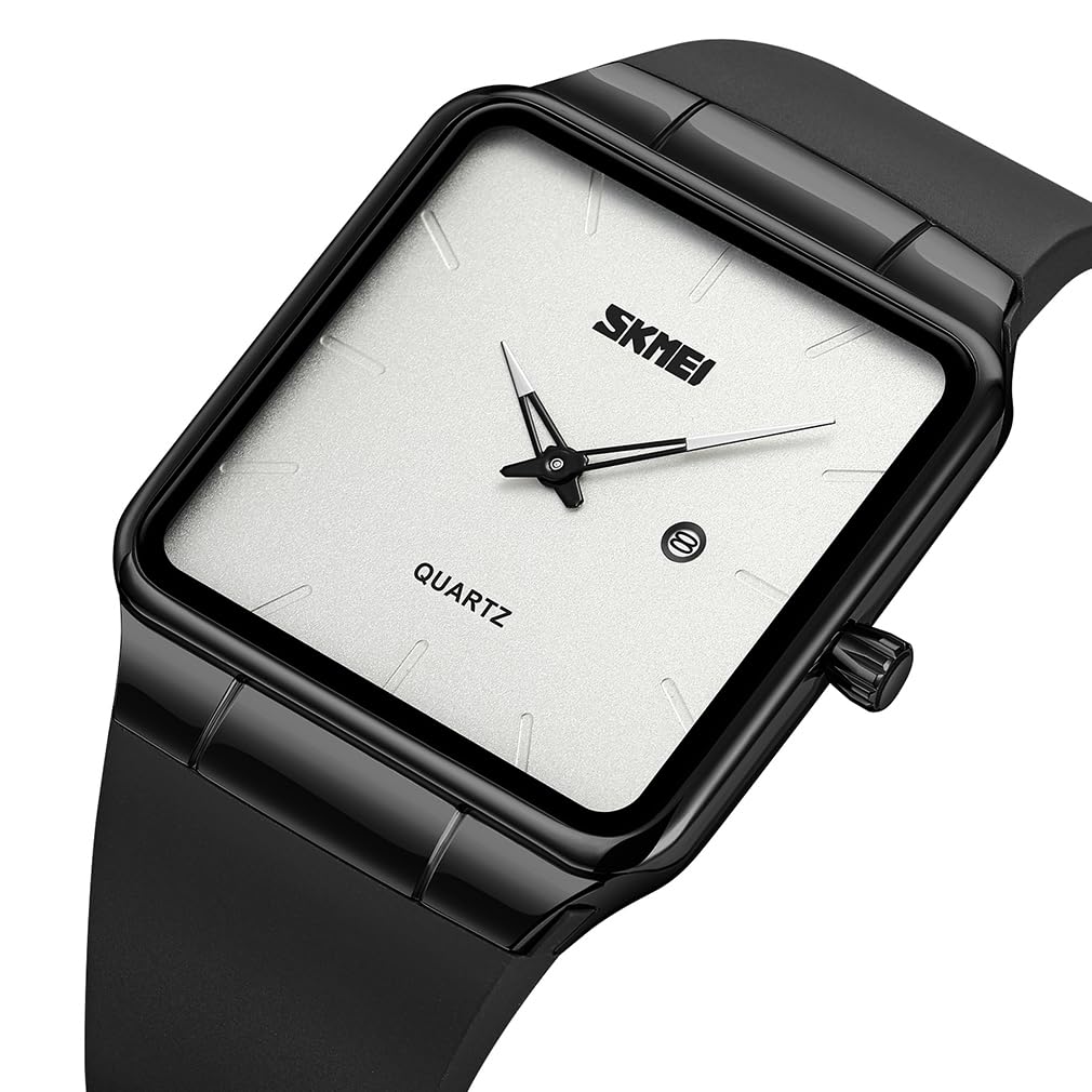 Square Watch Men Leather Strap Black Simple Slim Stylish Wristwatch Gentleman Waterproof Business Casual Male Gift Black White