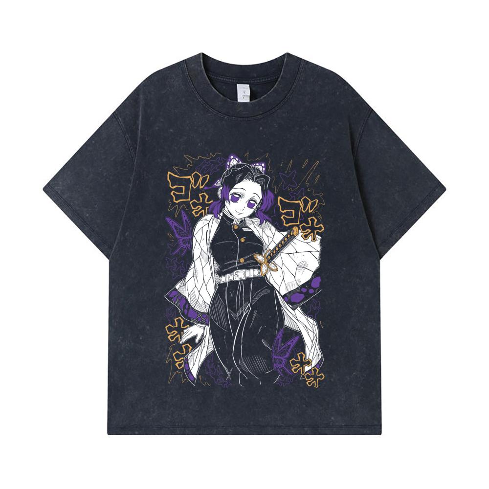 275 GSM Washed T-shirts 100% Cotton Demon Slayer V45 Shinobu Print Unisex Heavy Cotton T Shirt
