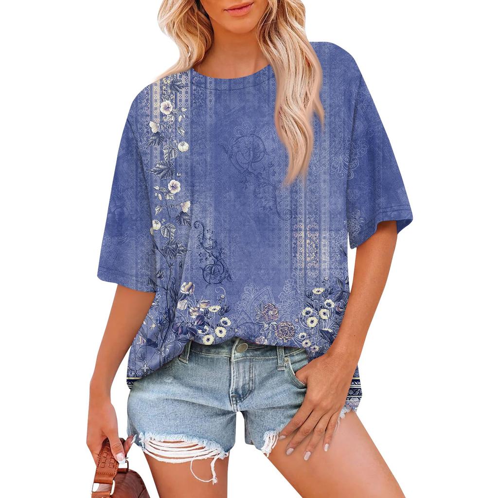 Women's Fashion Casual Floral Printed Loose Round Neck Short Sleeve T-Shirt Top