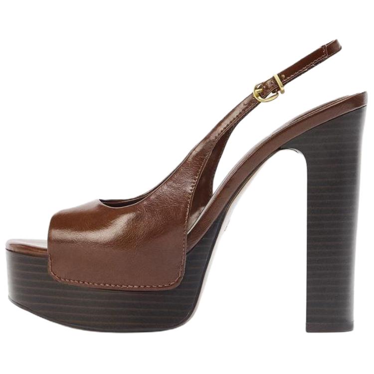 ZARA Leather Platform Slingback Heeled Sandals Brown Womens 2303610105 40