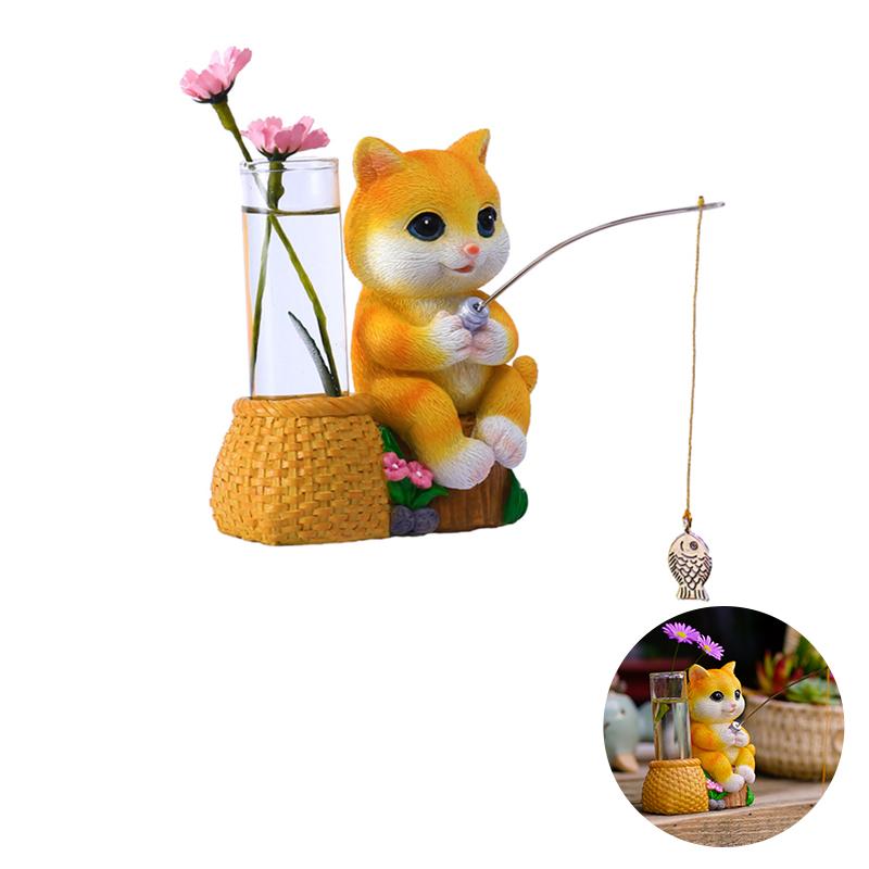 Animal Garden Statue Resin Cat Fishing Figurines Sculpture Frog Fishing Duck Fishing Yard Art Ornament For Fairy Garden Patio