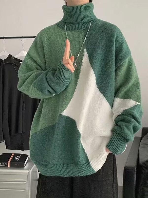 Men's Patchwork Contrast Pullover: Artistic High Neck Knitwear for Autumn/Winter
