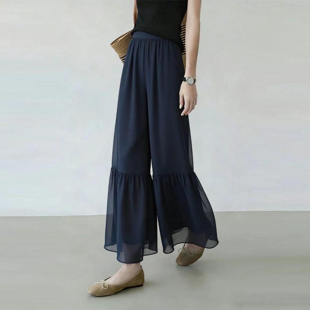Women Elastic Waist Chiffon Ruffle Hem Wide Leg Cropped Pants Layered Flowy Sheer Capri Trousers Lightweight Summer Daily Office Casual Pants