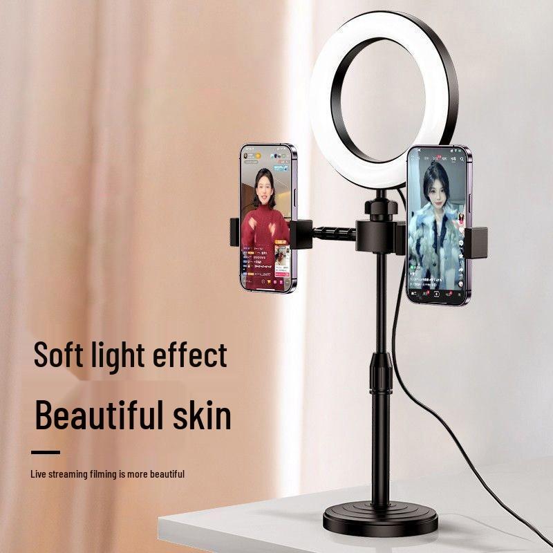Height-Adjustable Portable Desktop Selfie Stand with Dual Camera Mounts and Fill Light for Live Streaming and Photography