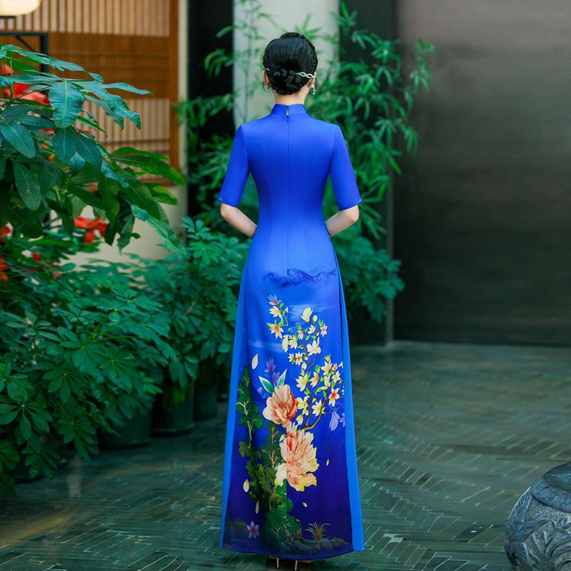 2025 Summer Blue Ao Dai-Inspired High-End Cheongsam Dress for Runway and Evening Wear