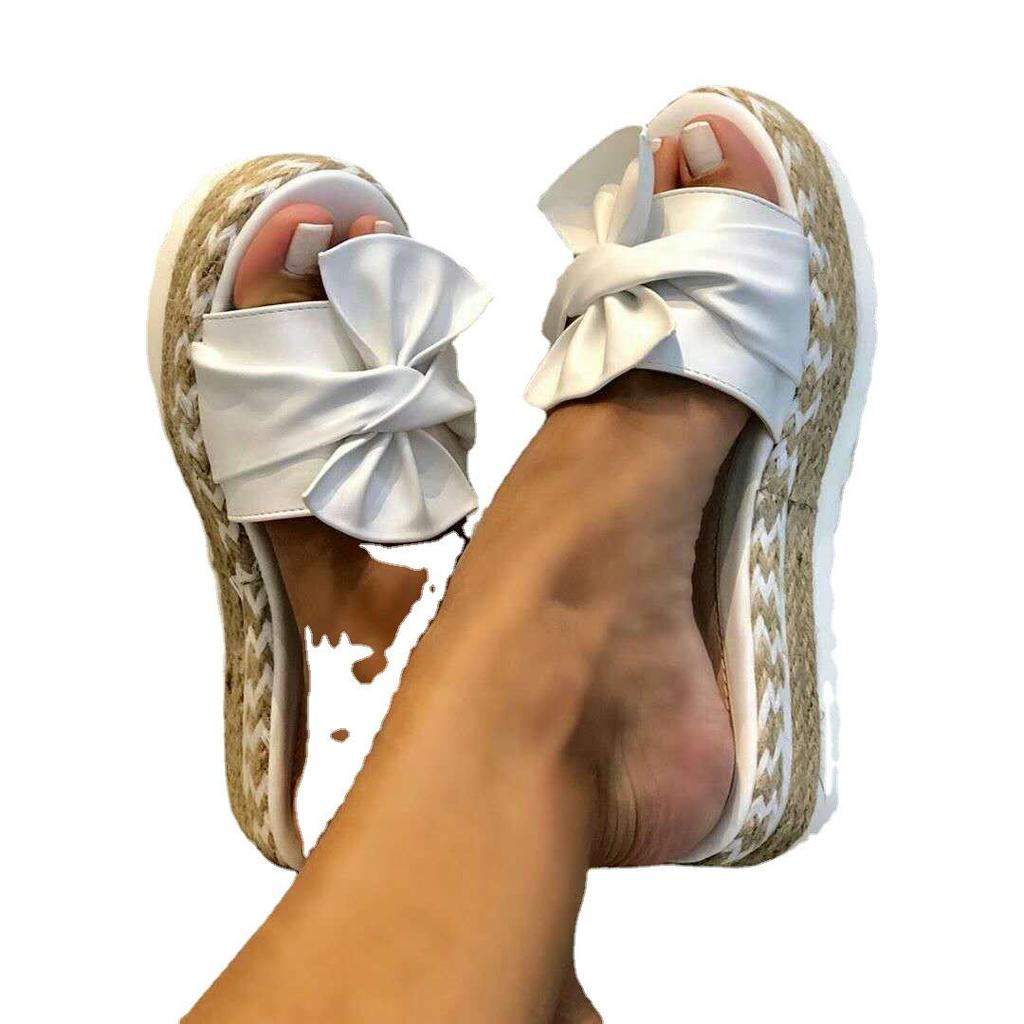 2025 Summer Women's Bow Beach Wedge Sandals - European/American Style, Thick Sole, Hemp Rope, Large Size