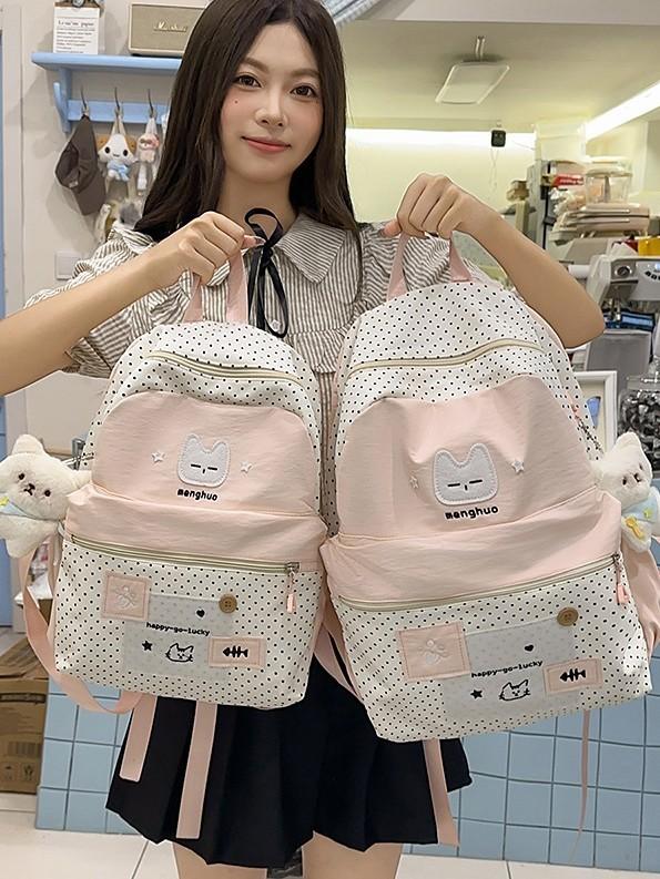 Cute Cat Dot Backpack For High School Girls Nylon School Bag
