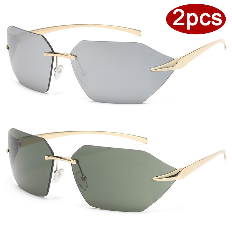 Protective Glasses 2pcs Frameless Metal Frame Sunglasses Steampunk Fashion Simple Style Sun Glasses Vacation Beach UV400 Eyewear