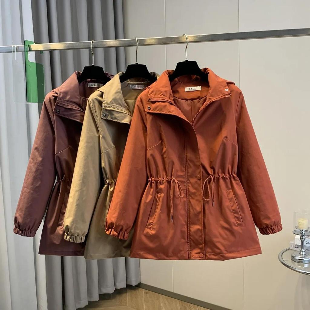 Damen Herbst Langarm Lässig Kapuzenjacke mit Reißverschluss Windbreaker Damen Trenchcoat Oberbekleidung Damen Übergröße Top