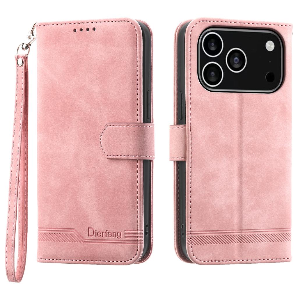 DIERFENG DF-03 For iPhone 17 Pro Case Lines Imprint Wallet Leather Phone Cover with Wrist Strap