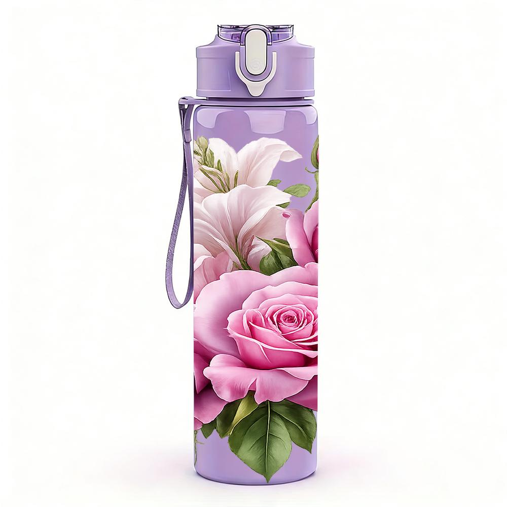 1PC Multi Shade Pink Rose Bouquet 750ml Color Plastic Water Bottle Leakproof Flip Straw Lid For Sports Office Home Use
