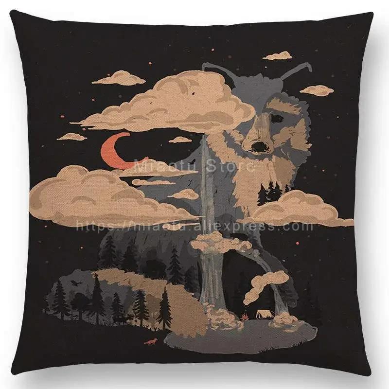 Neueste Kissenbezug Tiere im Wald Tag und Nacht Berge Sonne Mond Erkundung Camping Fuchs Wolf Kissenbezug