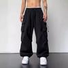 Men Casual Cargo Pants Hip Hop Baggy Trousers with Pockets Low-Rise Elastic Waist Drawstring