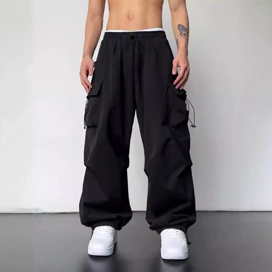 Men Casual Cargo Pants Hip Hop Baggy Trousers with Pockets Low-Rise Elastic Waist Drawstring