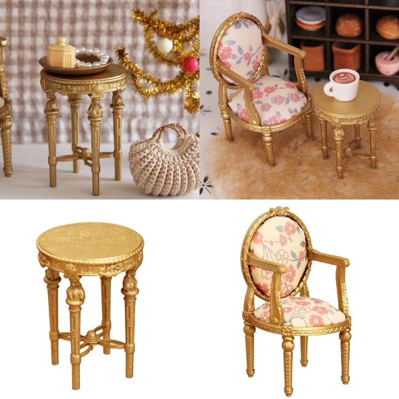 1/12 Scale Wooden Dollhouses Furniture Set Mini Wooden Table And Chair For Kids Floral Pattern
