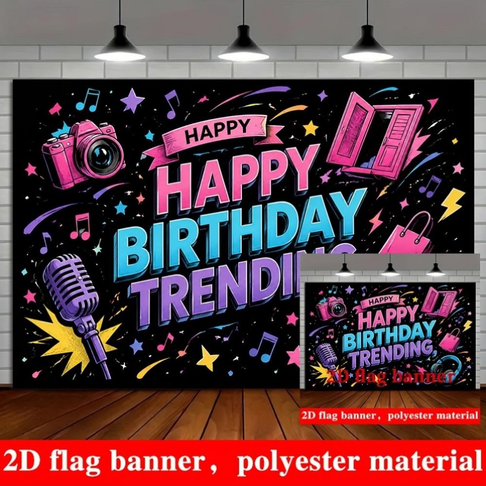 Trendy Happy Birthday Banner Backdrop Microphone Camera Notes Stars