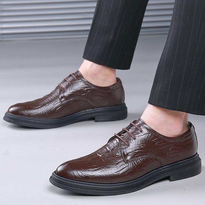 Men's shoes cowhide dress British crocodile pattern men's leather shoes lace-up breathable trend Oxford shoes 2025