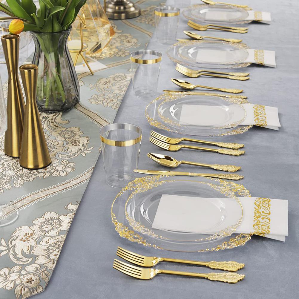 25PCS Plastic Plates Gold Disposable Dinner Plates Dessert Plates Dinnerware Kit For Wedding Party Thanksgiving