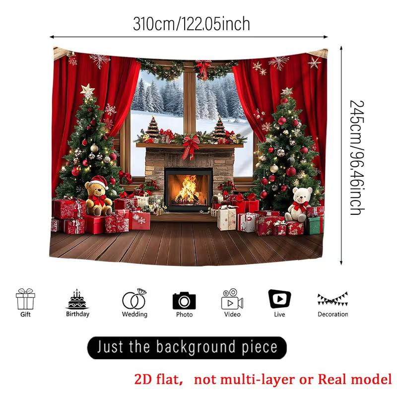2D Flat Winter Christmas Garage Banner, Cozy Fireplace & Snowy Window Party Background