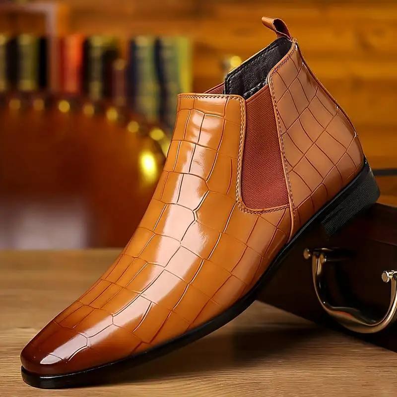 Botín de Tobillo para Hombre Tacón Alto Piel Genuina Hombre 2025 Punta Fina Zapatos de Vestir Boda Masculinos Cremallera Lateral Botas Básicas para Hombre