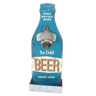 [P2074] - Blauer Wandflaschenöffner aus Holz „Beer“ (hier wird eiskaltes Bier serviert) – 30 x 12 cm