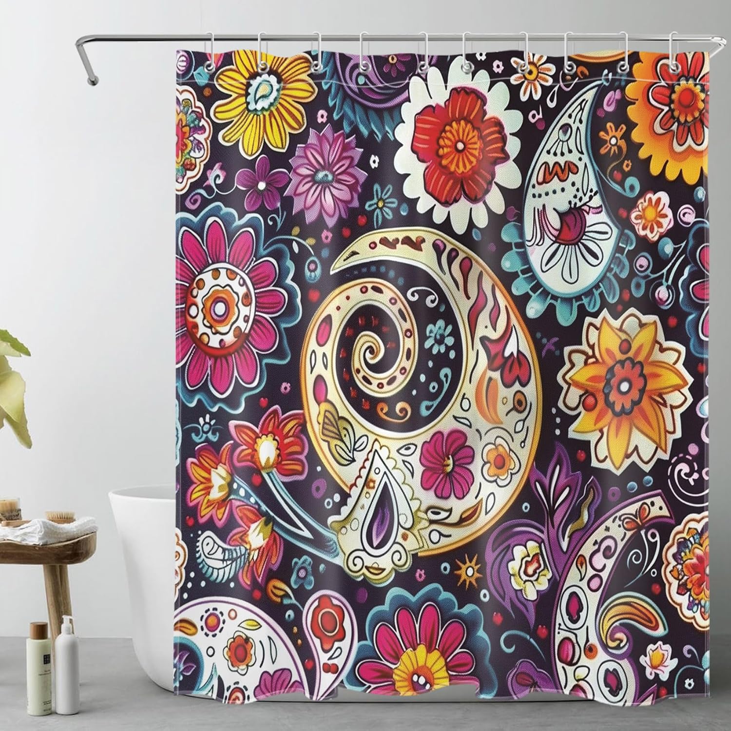 

Bohemian Paisley Floral Shower Curtain Purple And Black Flower Pattern Boho Bathroom Shower Curtain Retro Abstract Bathroom 90x180CM