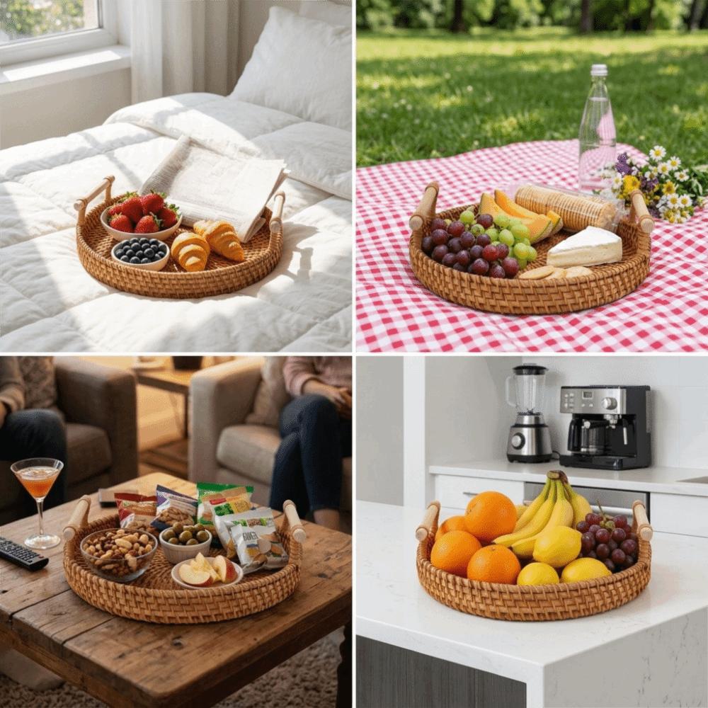 Mehrzweck mit Handgriff Geflochtenes Tablett Geflochtene Ranke Natürliche Textur Teetablett Retro-Stil Glatte Snackplatte Nachmittagstee