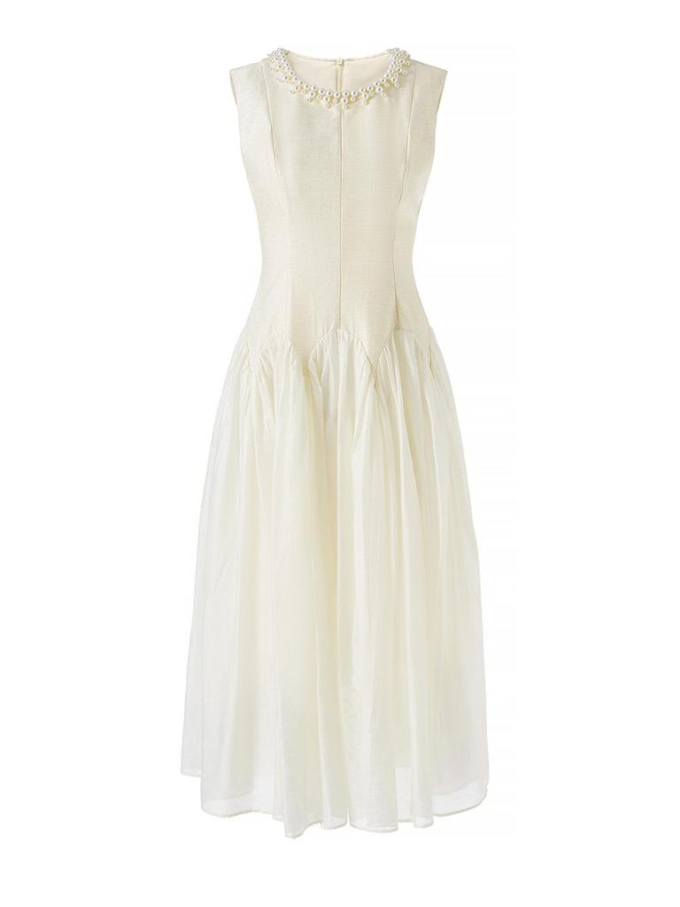 High-Quality Beaded Tencel Crepe Waist-Cinched French Aristocratic Style Tea Party Dress for Women