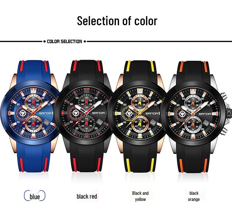 Sanda Men's Six-Needle Quartz Chronograph Calendar Silicone Strap Watch