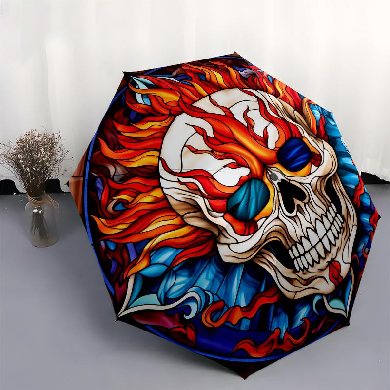 Flammender Totenkopf Buntglas WandkunstRegenschirm, Tragbarer 3-fach Kompakter Regenschirm, Weihnachtsgeschenk ES655