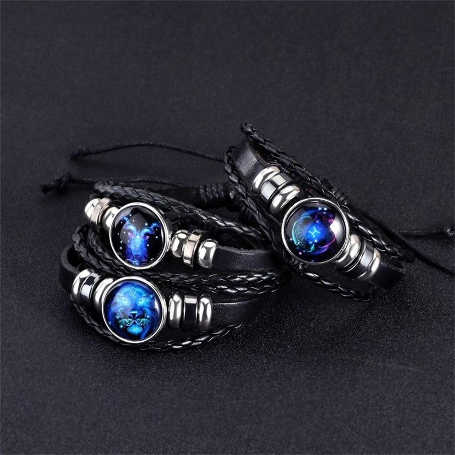 12 Sternbilder Sternzeichen Schwarzes geflochtenes Lederarmband Krebs Löwe Jungfrau Waage Gewebtes Glaskuppelschmuck Punk Herrenarmband