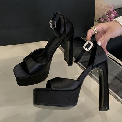 Fashion Liyke Runway Stijl Zwarte Hoge Hakken Platform Sandalen Voor Dames Knusse Zijde Vierkante Neus Gespsluiting Dames Feest Jurk Schoenen Maat 40