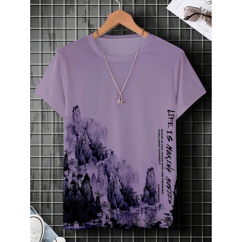 Comfortable Crew Neck Short Sleeve Sports T-shirt Men's Fashionable Athletic Mountain Print Versatile for Summer Spring Shirt