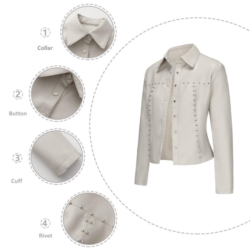 Womens PU Leather Biker Jacket With Rivets Stand Collar Single Button Lightweight Streetwear Outerwear