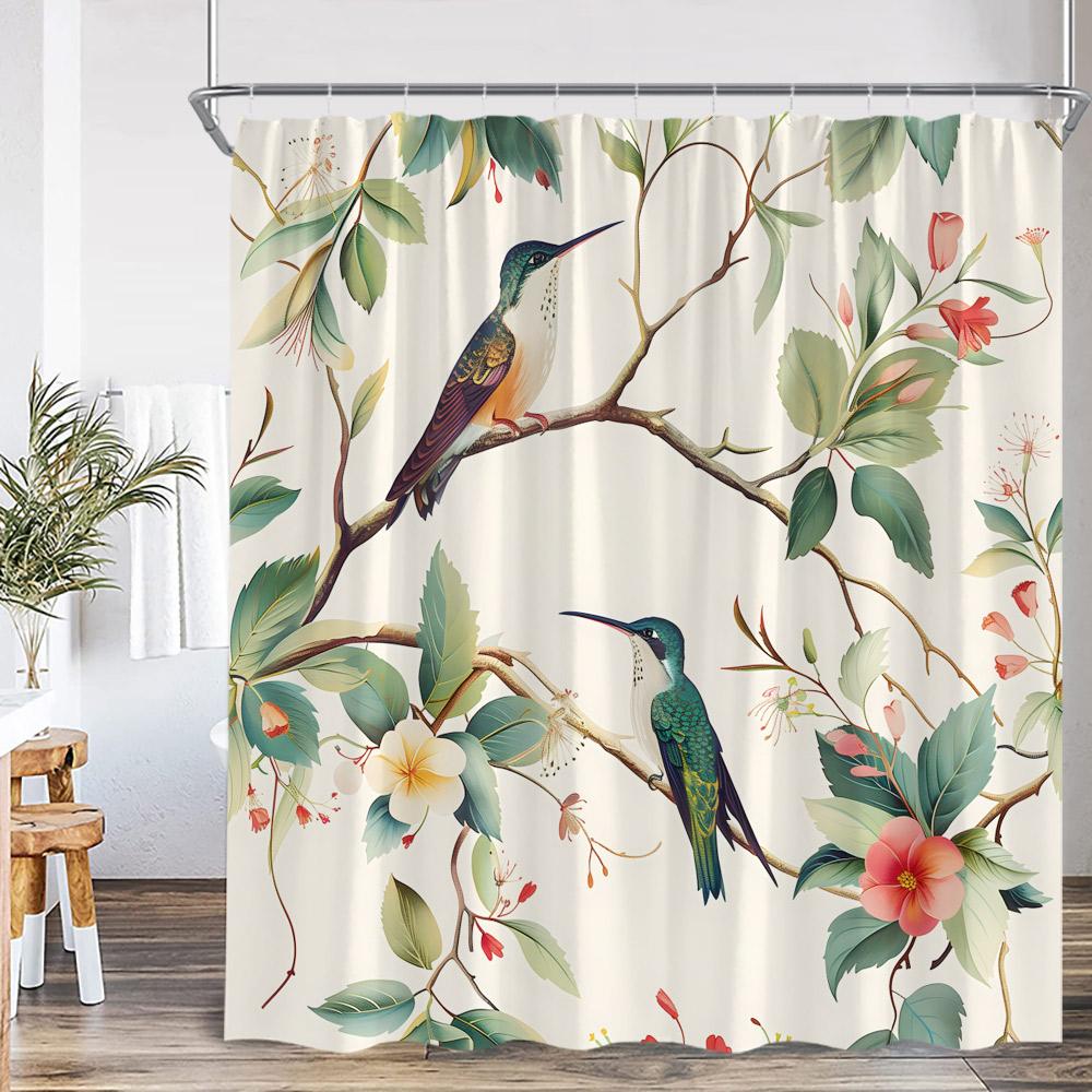 Bird Cartoon Shower Curtain Oil Painting Flower Leaf Tree Animal Print Spring Summer Bathroom Decor Modern Floral Bath Curtain