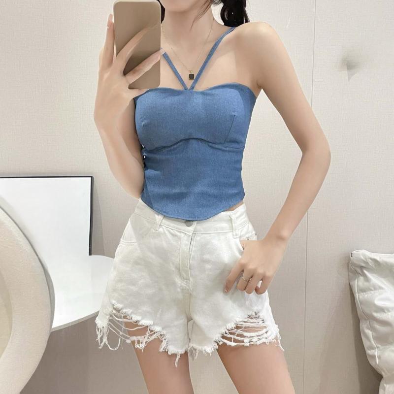 

Летняя женская майка-камисоль, тонкая, сексуальная, однотонная, с подкладкой, летняя ковбойская майка светло-синий