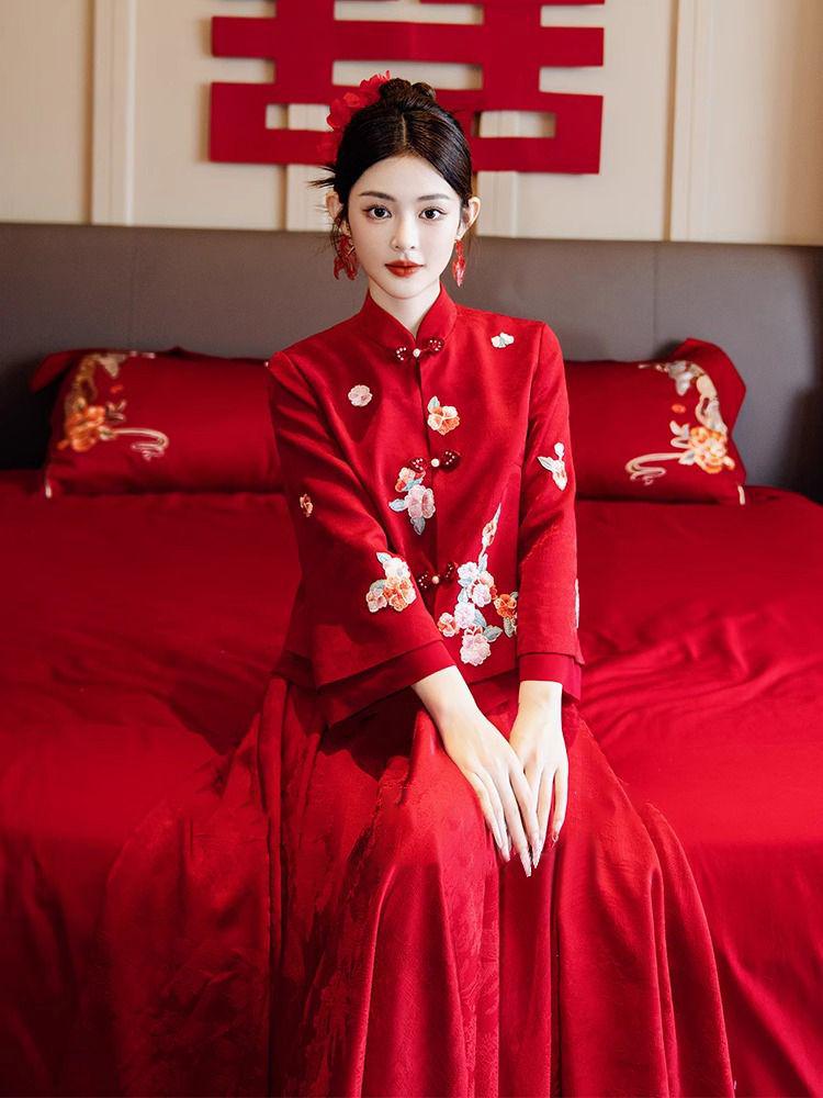 Modern Chinese Wine Red Wedding & Engagement Dress for Women - Bride & Banquet Skirt