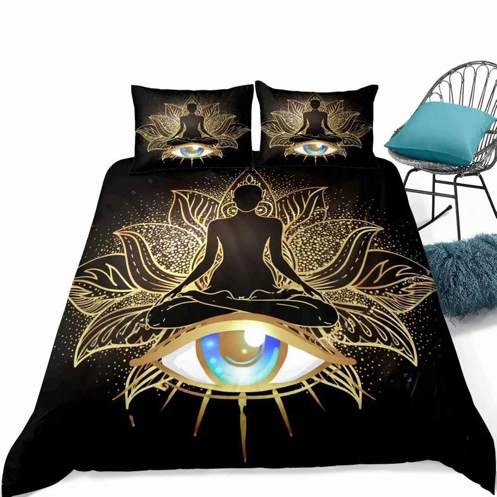Mandala Buddha Duvet Cover Set King Size Exotic Ethnic Bohemian Bedding Set Golden Black Lotus Flowers Gorgeous Comforter Cover