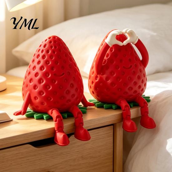 Personalized Gifts for Colleagues 3D Printed Articulated Strawberry Storage Box, Cute Figurine with Funny Desktop Ornaments Movable Limbs, Mini