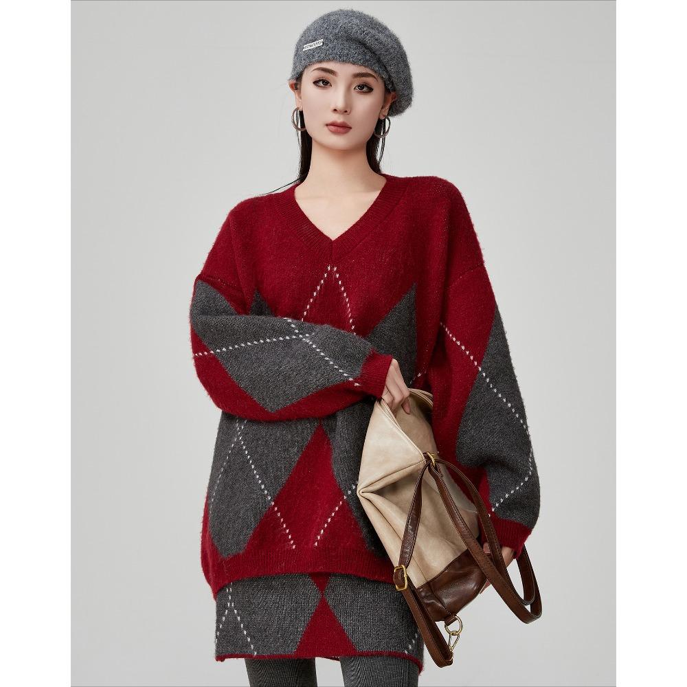 DIMANAF 2025 Plus Size Autumn Women plaid New Sweaters V-neck Knitting Basic Fashion O-Neck Style Loose Red Pullover Sweater