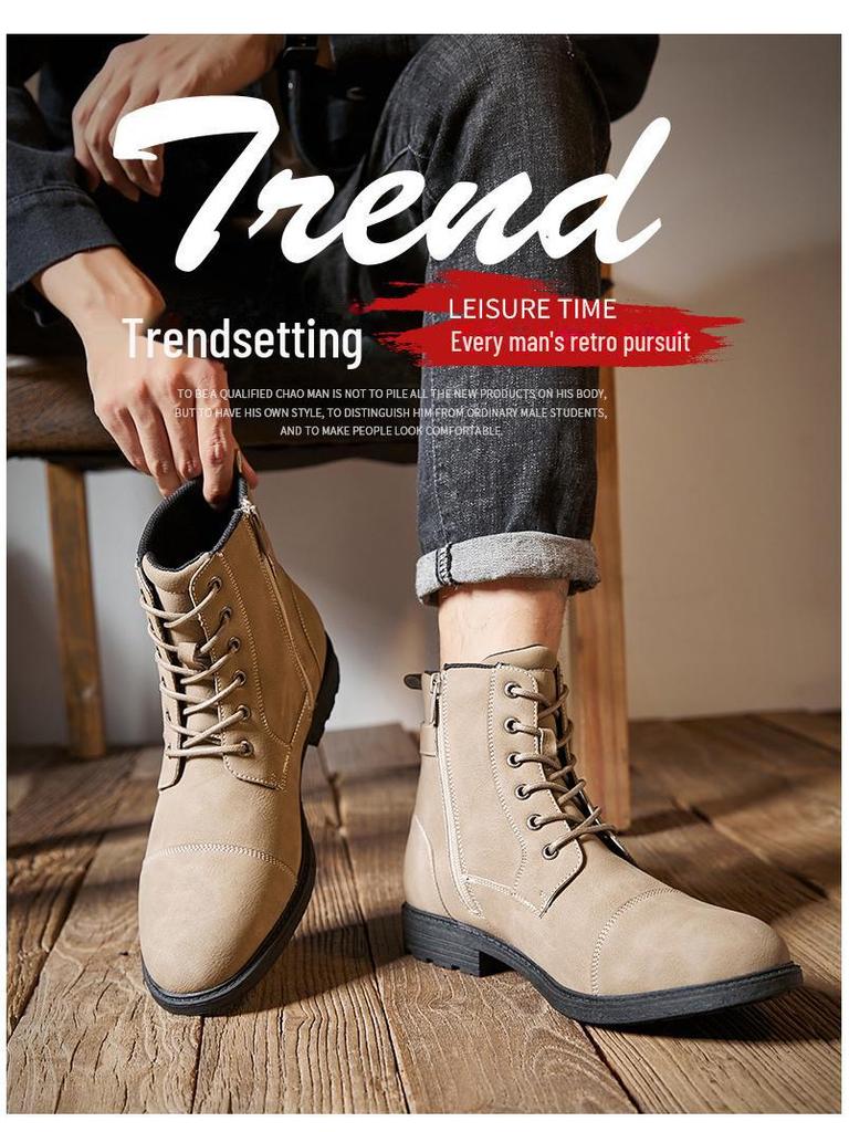 Pánské kožené boty Martin v britském stylu s protiskluzovou podrážkou, 2024: Retro šněrovací vysoké boty s kulatou špičkou pro podzim a zimu