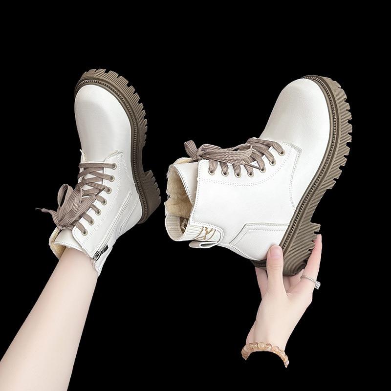 Martin Boots Women's New Winter Velvet Lace-up Leather Boots Women's Platform Fashion Trendy Short Boots Women