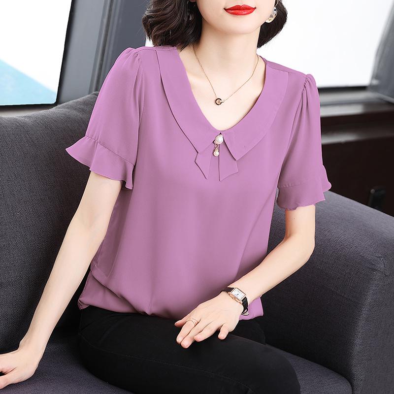 Women's Summer 2023 Stylish Loose-Fit Ruffled Chiffon Short Sleeve Blouse
