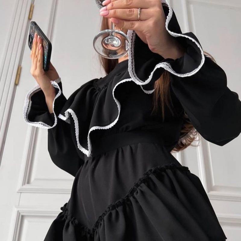 Svart Elegant For Kvinner Langermet Slank Høy Midje Minikjoler 2024 Sommerfolder Skjøte Ruffle O-hals Kjole Femme Frankrike Uformell aftenkjole Dame