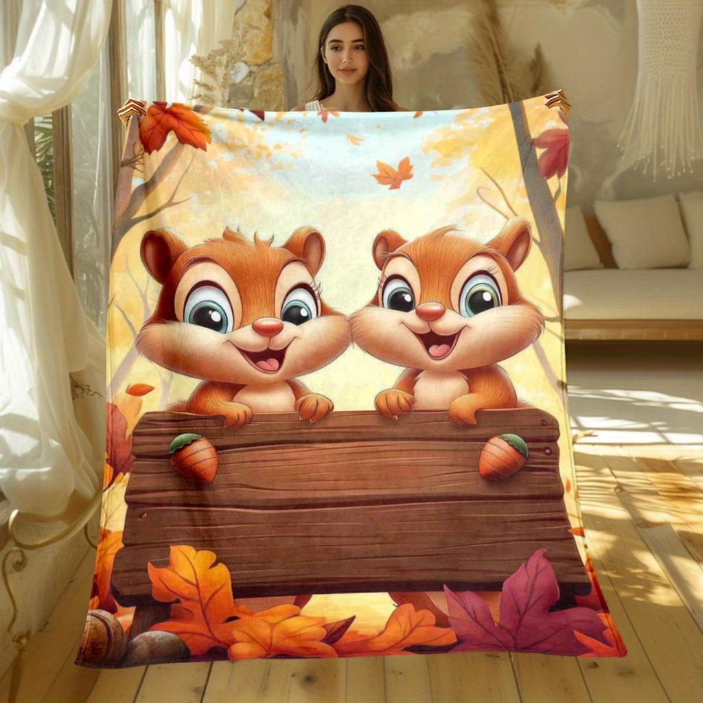 Adorable Chipmunks Autumn Leaves Fleece Blanket Fall Theme Woodland Animals Soft Flannel Throw Cover Kids Room Gift for Children