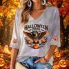 Women's Stylish V-Neck Halloween Print Three-Quarter Sleeve Casual Top for Party