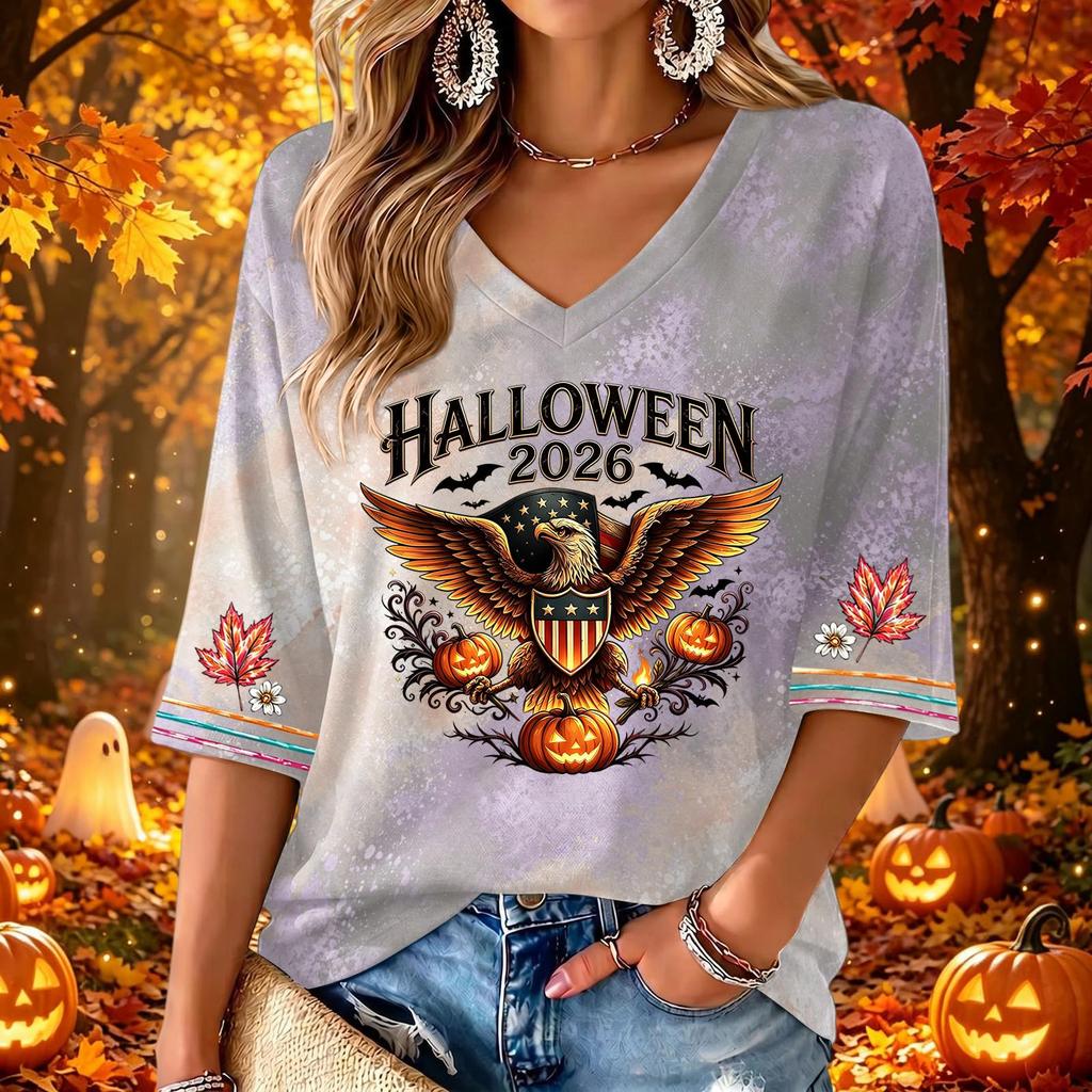 Women's Stylish V-Neck Halloween Print Three-Quarter Sleeve Casual Top for Party