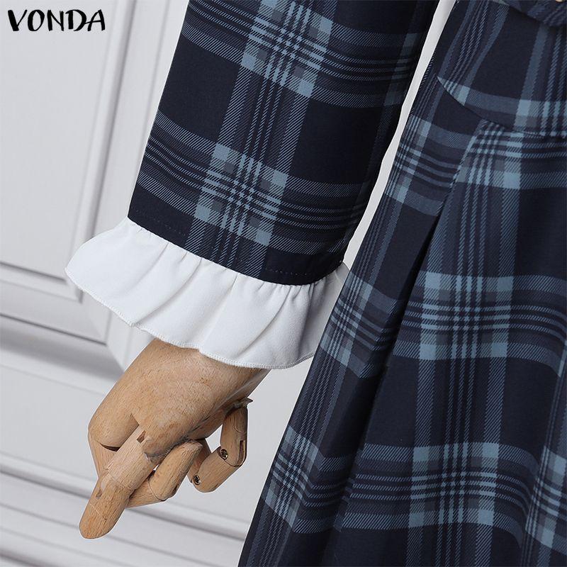 VONDA Rochie Casual de Damă cu Guler Înalt, Mâneci Lungi și Patchwork Plaid