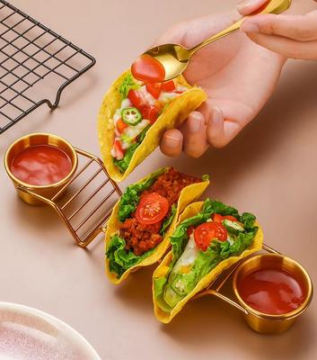 Set Porta Tacos in Acciaio Inossidabile Porta Tacos Stand per 3 Tortillas Gadget da Cucina con 2 Ciotole per Salse