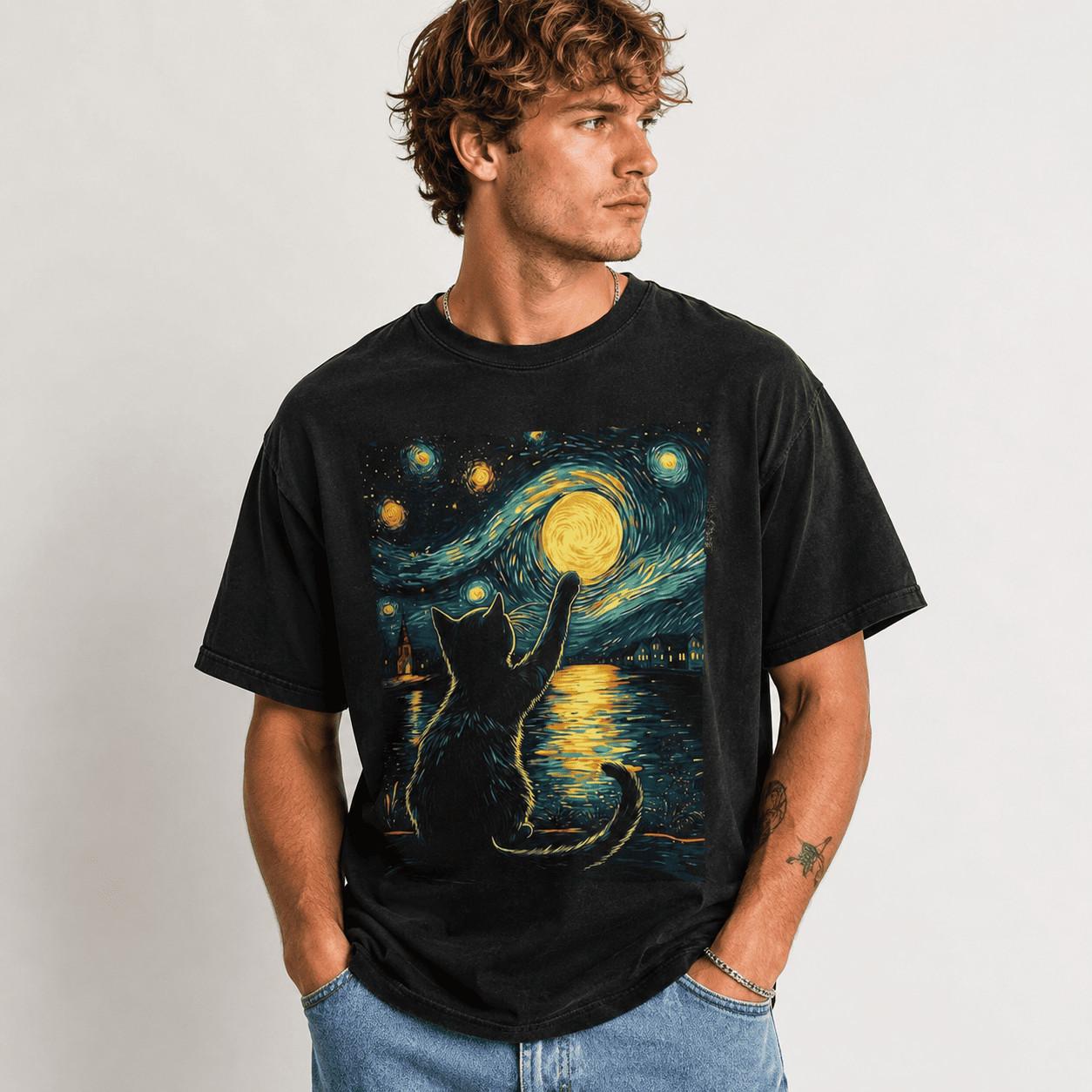 Starry Night Cat T-Shirt: Vincent Van Gogh Style, Black Cat Lover Gift TShirt XXXXL
